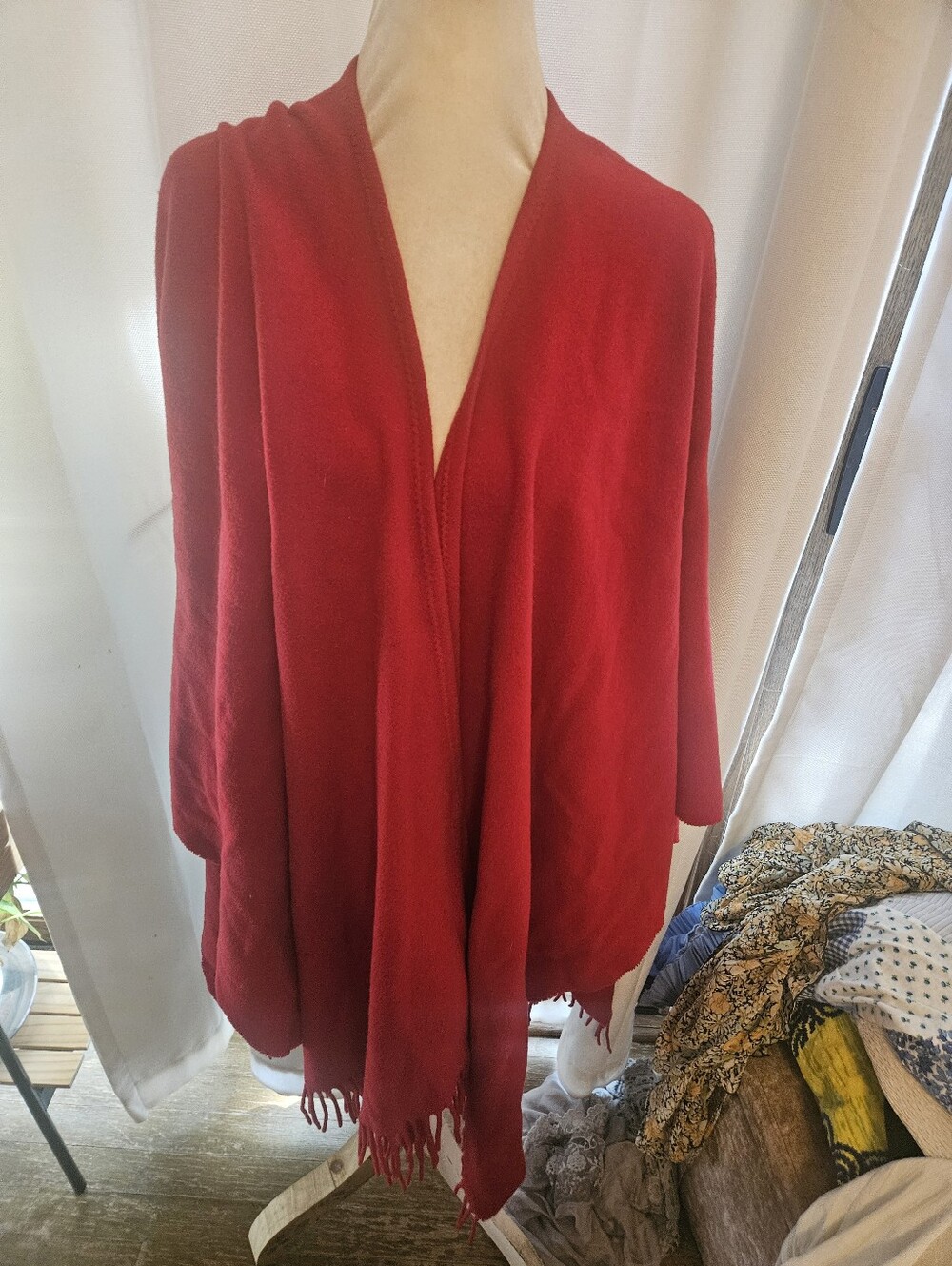 Talbots Red Open-Front Fringe Poncho Made In Italy 100% Wool Fall Winter